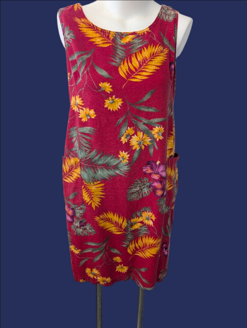 Vintage Dress Magenta Tropical Print Sleeveless Linen Base By Erika  Sz S
